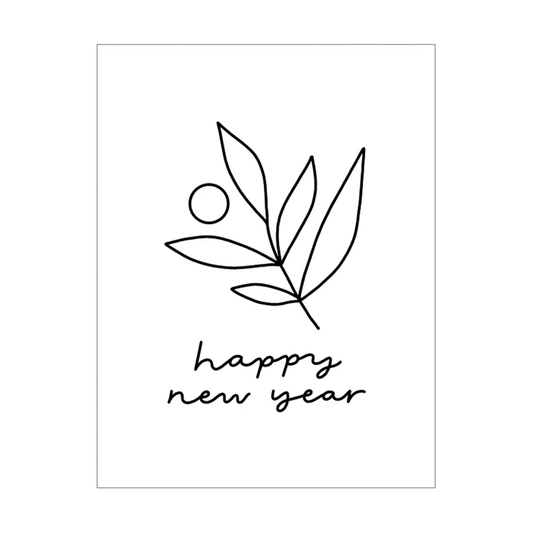 Simple black and white line drawing of a branch with cursive happy new year