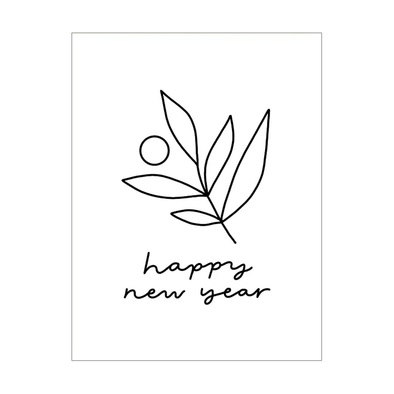 Simple black and white line drawing of a branch with cursive happy new year