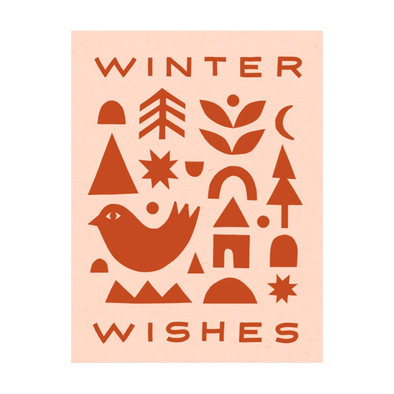 Pink and red card with nature folk drawings  and the words WINTER WISHES