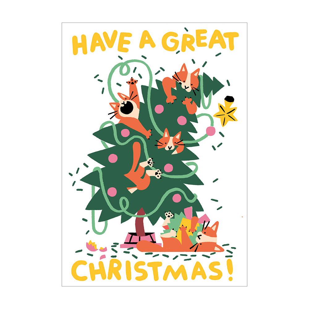 5 playful cats attacking a Christmas tree and presents with text "HAVE A GREAT CHRISTMAS!".