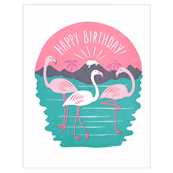 Lucky Horse Press Birthday Flamingos Letterpress Card