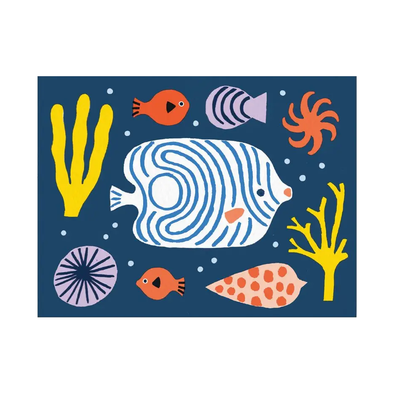 Dark blue background with fish, shellfish, and coral.
