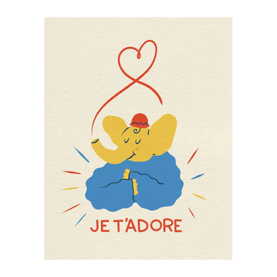 Elephant in a cozy sweater and hat with a heart shape  line coming out of its trunk and JE T'ADORE written underneath.