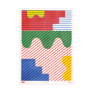 layered blocky stair and wavy shapes with vertical and horizontal lines in primary colors