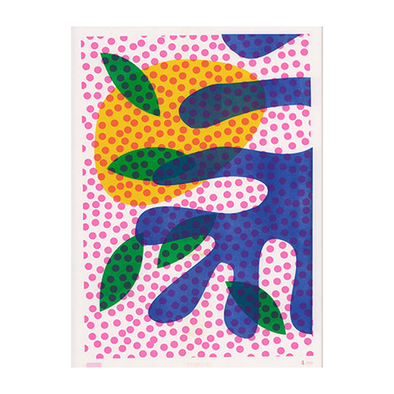 pink polka dots under organic shapes in blue, green, and yellow