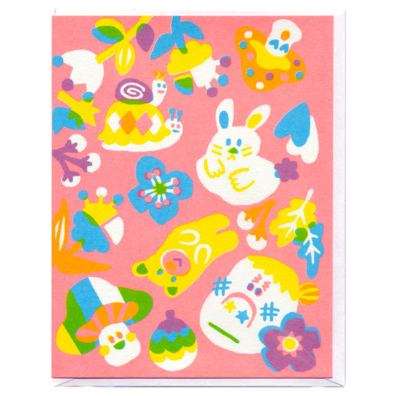 Rabbit and Snail Pink Screenprinted Card by Sue Jean Ko