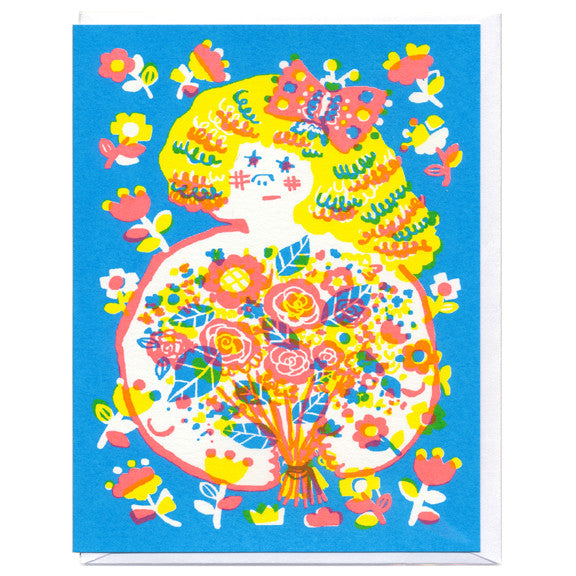 Girl With Flowers Screenprinted Card by Sue Jean Ko