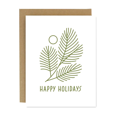 green line drawing of pine needles and HAPPY HOLIDAYS